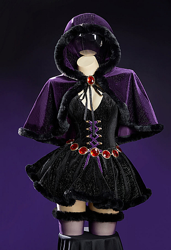 Love Healer Purple Plush Suit Winter Velvet Halter Dress with Hooded Cape and Sleeves