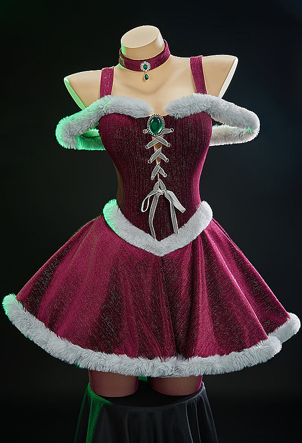Cosmic Queen Winter Christmas Plush Outfit Suspender Velvet Dress with Cape and Stockings Cosmic Queen Winter Christmas Plush Outfit Suspender Velvet Dress with Cape and Stockings