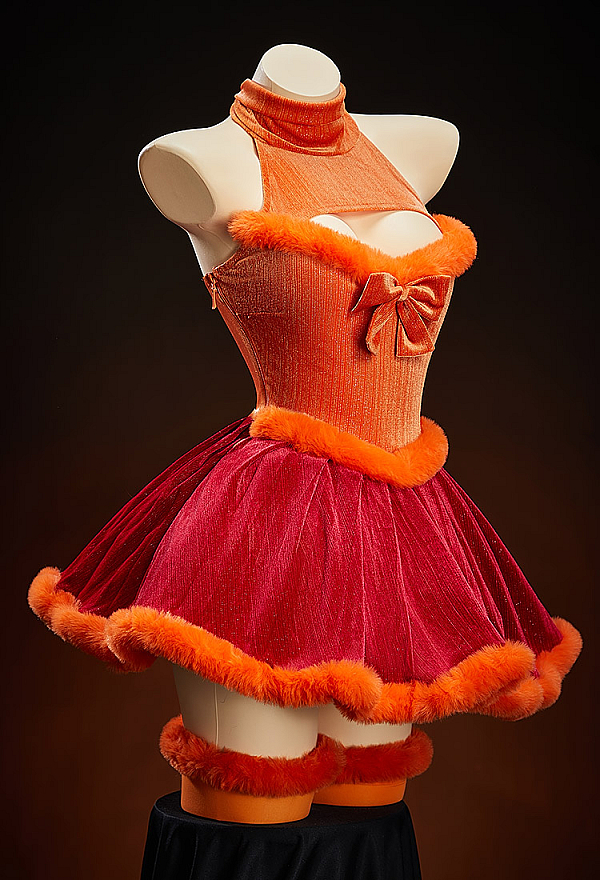 Halloween Sexy Costume Orange Velvet Dress with Sleeves and Stockings