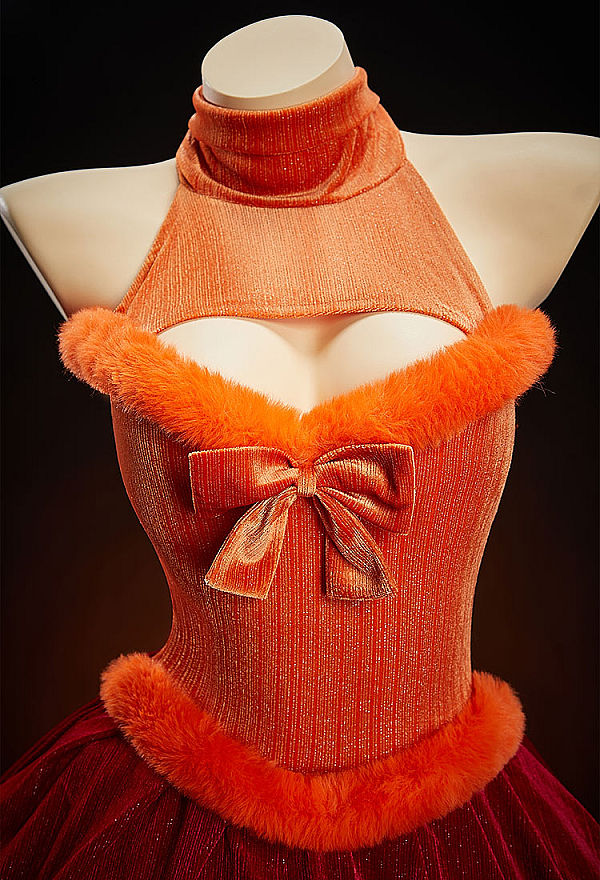 Halloween Sexy Costume Orange Velvet Dress with Sleeves and Stockings