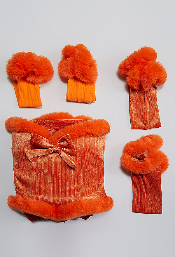 Halloween Sexy Costume Orange Velvet Dress with Sleeves and Stockings