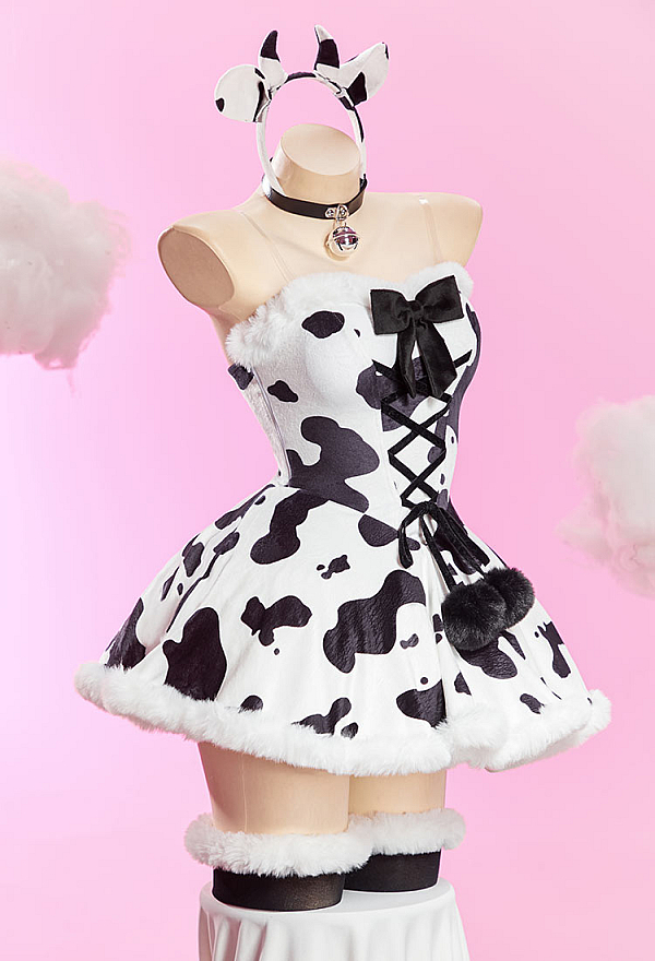 Sexy Cow Pattern Plush Outfit Strapless Dress with Gloves and Headband Sexy Cow Pattern Plush Outfit Strapless Dress with Gloves and Headband