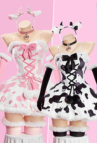 Sexy Cow Pattern Plush Outfit Strapless Dress with Gloves and Headband