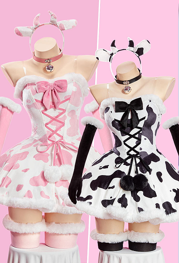 Sexy Cow Pattern Plush Outfit Strapless Dress with Gloves and Headband Sexy Cow Pattern Plush Outfit Strapless Dress with Gloves and Headband