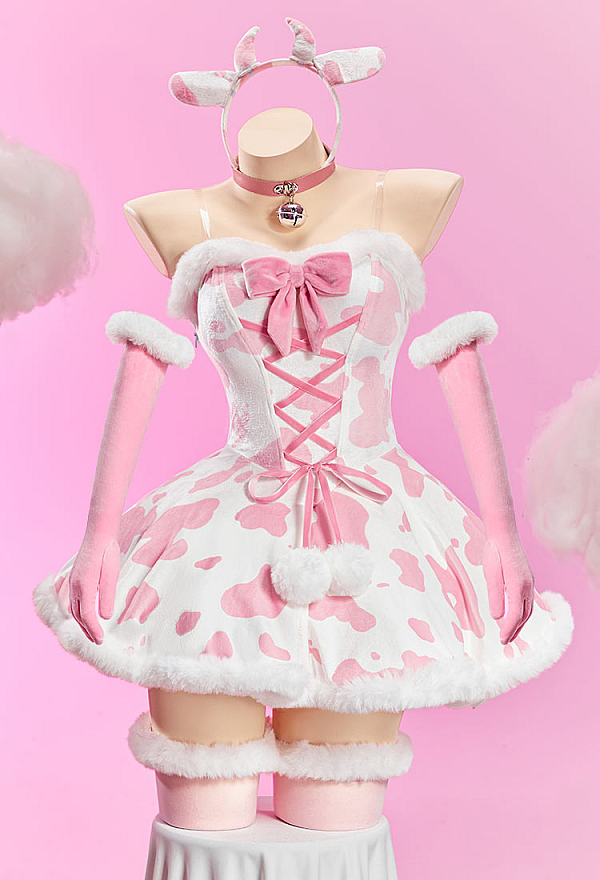 Sexy Cow Pattern Plush Outfit Strapless Dress with Gloves and Headband Sexy Cow Pattern Plush Outfit Strapless Dress with Gloves and Headband