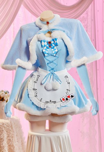 Vengeance in Wonderland Sexy Blue Plush Winter Outfit Strapless Dress with Cape and Apron