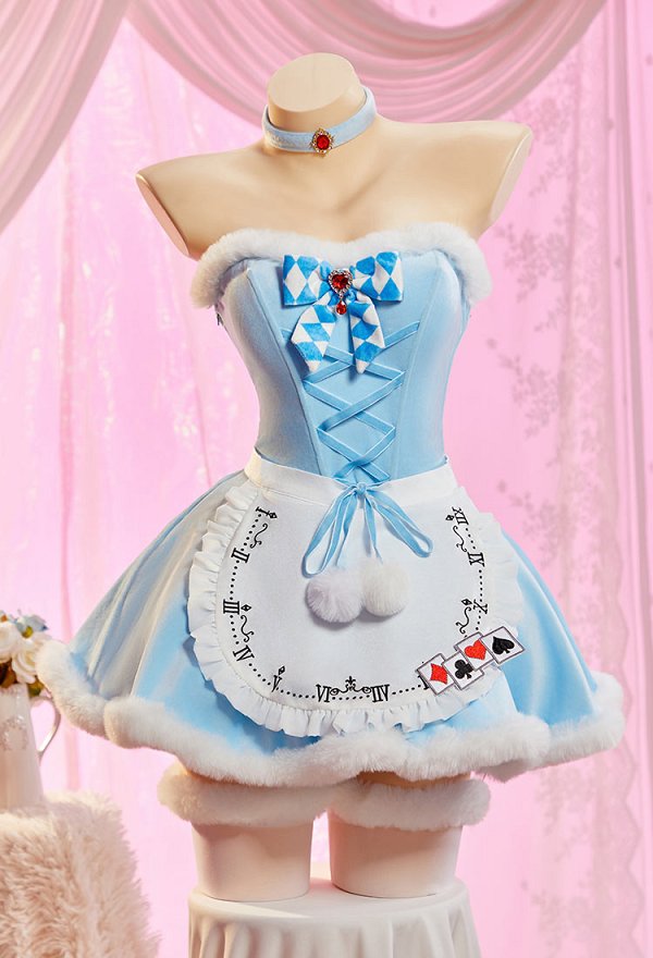 Vengeance in Wonderland Sexy Blue Plush Winter Outfit Strapless Dress with Cape and Apron