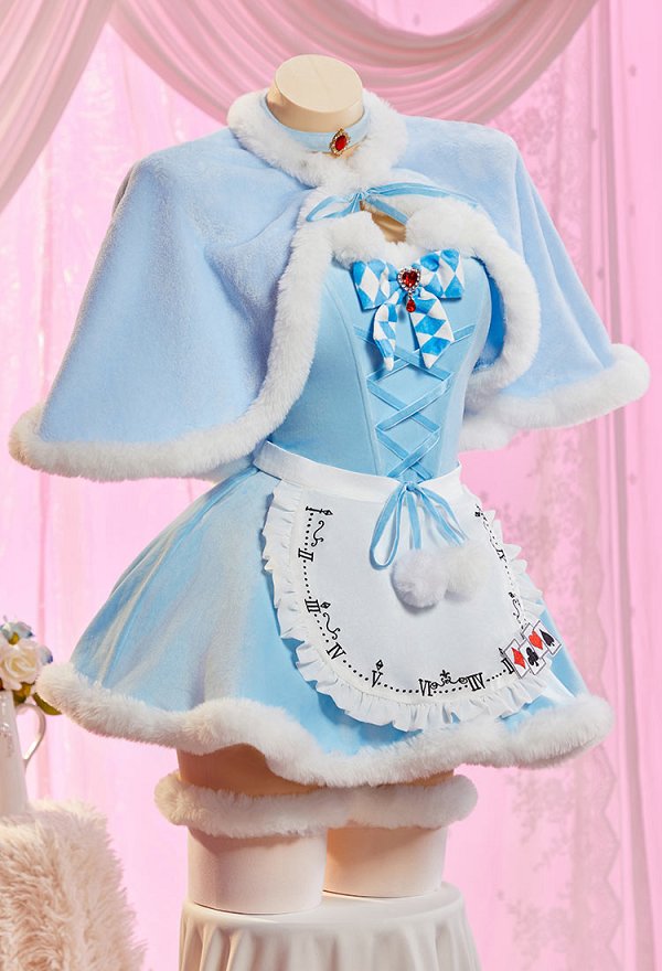 Vengeance in Wonderland Sexy Blue Plush Winter Outfit Strapless Dress with Cape and Apron