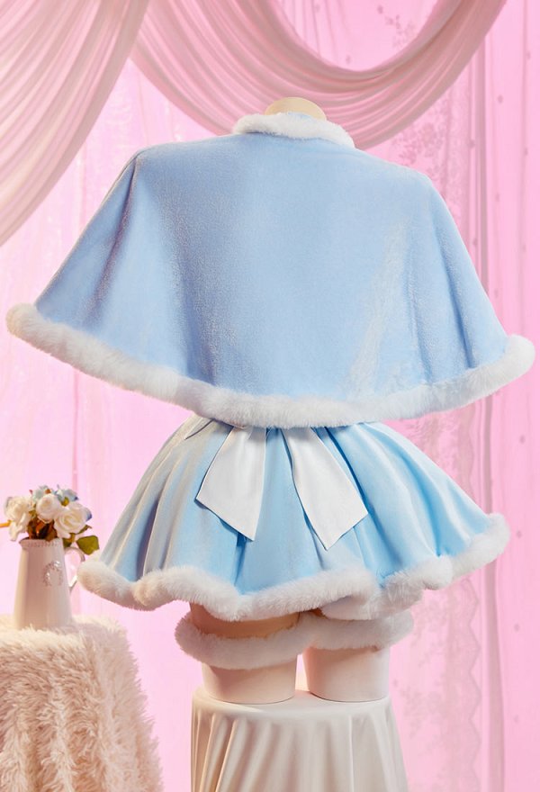 Vengeance in Wonderland Sexy Blue Plush Winter Outfit Strapless Dress with Cape and Apron