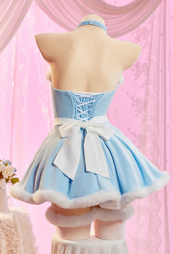 Vengeance in Wonderland Sexy Blue Plush Winter Outfit Strapless Dress with Cape and Apron