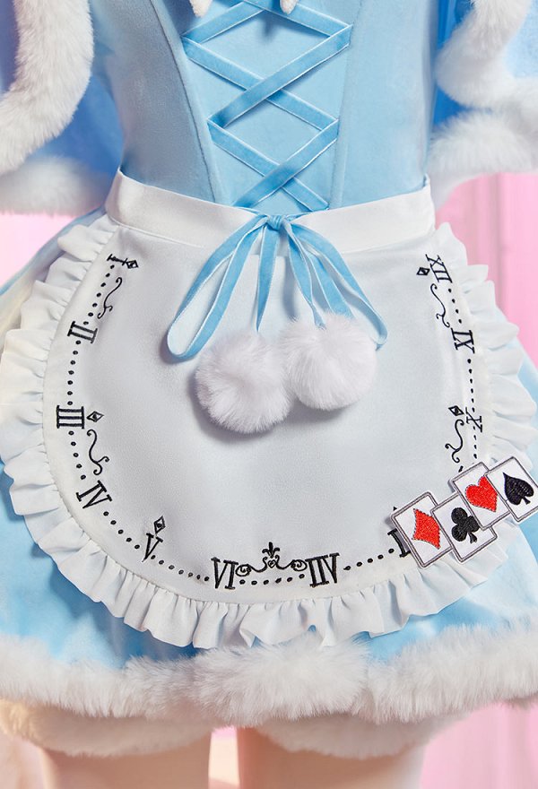 Vengeance in Wonderland Sexy Blue Plush Winter Outfit Strapless Dress with Cape and Apron