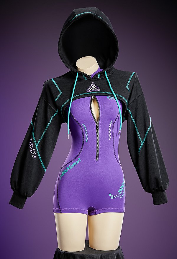 Cyber-style Yoga Sportswear Outfit Cropped Long-sleeve Bodysuit with Hooded Short Jacket