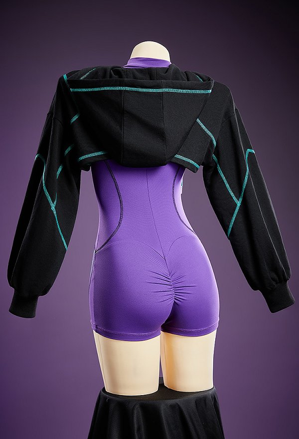Cyber-style Yoga Sportswear Outfit Cropped Long-sleeve Bodysuit with Hooded Short Jacket
