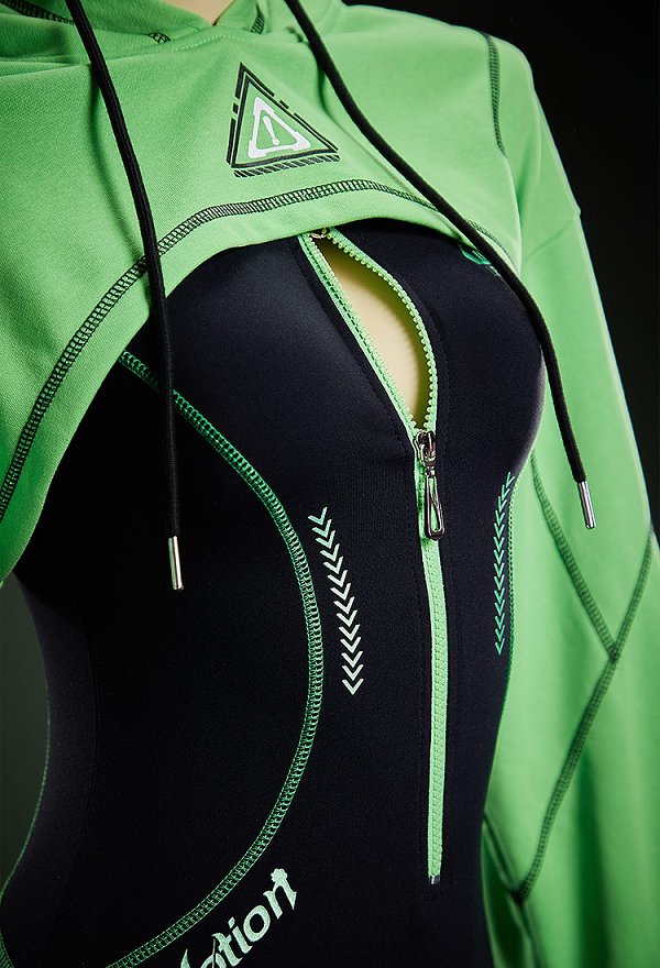 Cyber-style Yoga Sportswear Outfit Cropped Long-sleeve Bodysuit with Hooded Short Jacket