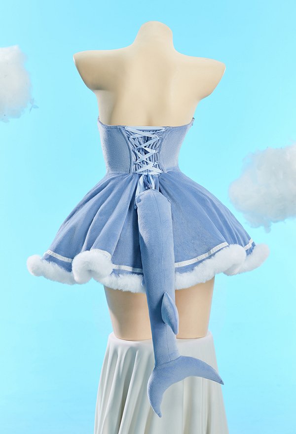 Winter Christmas Plush Outfit Set Strapless Dress with Hooded Cape and Tail