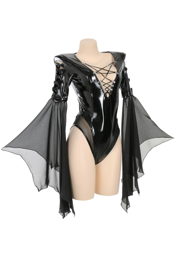 Black Pentagram Gothic Black PU Leather Sexy Lingerie with Sleeves and Pantyhose