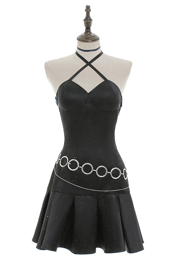 Women Gothic Black Halter Hollow Dress with Necklace Waist Chain Women Gothic Black Halter Hollow Dress with Necklace Waist Chain