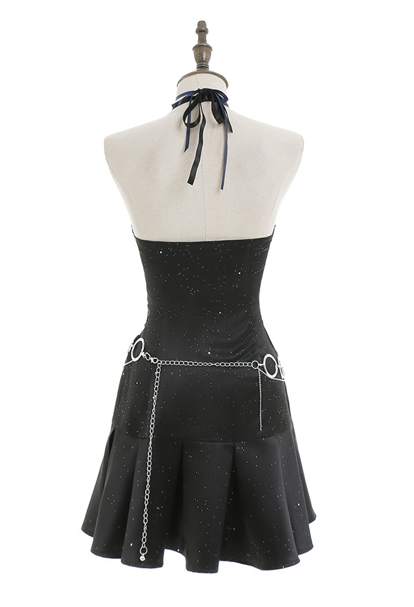 Women Gothic Black Halter Hollow Dress with Necklace Waist Chain Women Gothic Black Halter Hollow Dress with Necklace Waist Chain