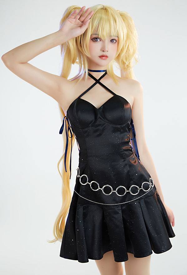 Women Gothic Black Halter Hollow Dress with Necklace Waist Chain Women Gothic Black Halter Hollow Dress with Necklace Waist Chain