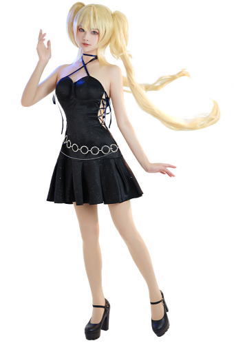 Women Gothic Black Halter Hollow Dress with Necklace Waist Chain