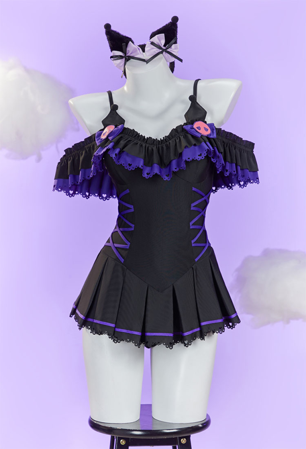 Anime Doll Derivative One-piece Swimsuit Cute Ruffled Halter Bathing Suit and Headband