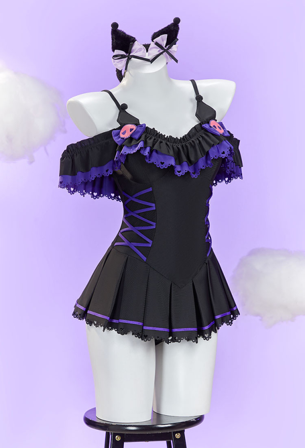 Anime Doll Derivative One-piece Swimsuit Cute Ruffled Halter Bathing Suit and Headband