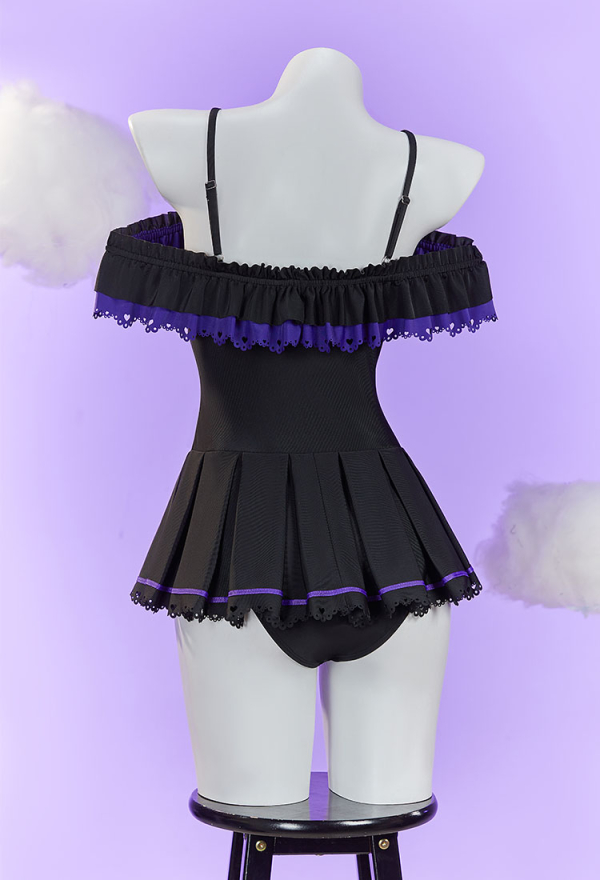 Anime Doll Derivative One-piece Swimsuit Cute Ruffled Halter Bathing Suit and Headband