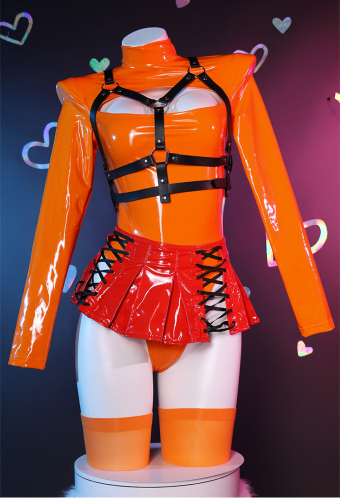 Mystery Squad Halloween Costume Orange Chest Open Bodysuit and Lace-up Mini Skirt with Socks