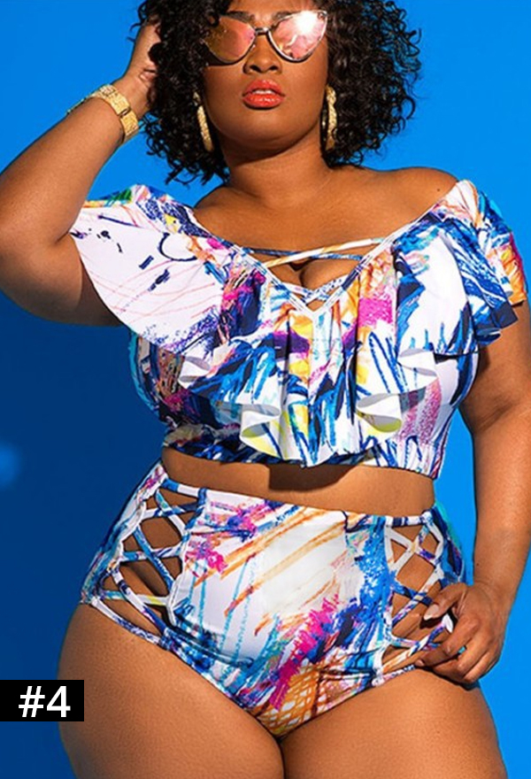 Plus Size Women Sexy Ruffles Off Shoulder Two Piece Swimsuit Plus Size Women Sexy Ruffles Off Shoulder Two Piece Swimsuit
