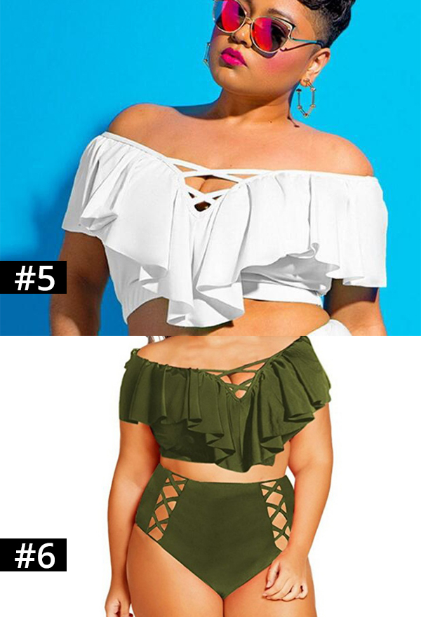 Plus Size Women Sexy Ruffles Off Shoulder Two Piece Swimsuit Plus Size Women Sexy Ruffles Off Shoulder Two Piece Swimsuit