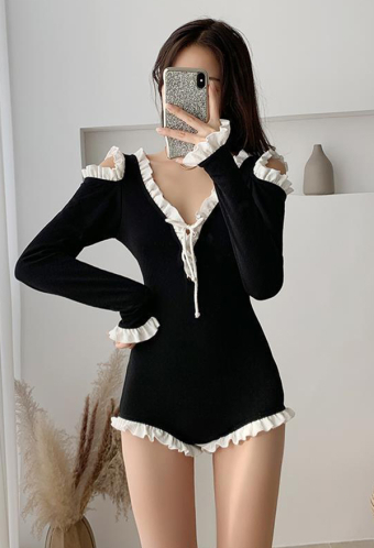Sunday Candy Soft Girl One Piece Swimsuit Black White Deep V Neck Long Sleeved Ruffled Swimsuit