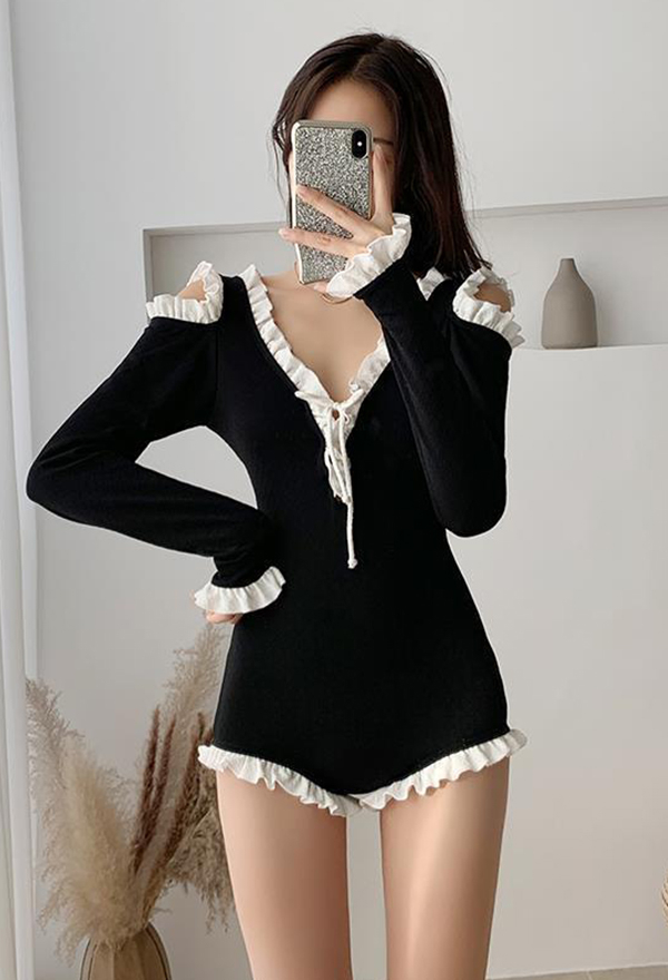 Sunday Candy Soft Girl One Piece Swimsuit Black White Deep V Neck Long Sleeved Ruffled Swimsuit