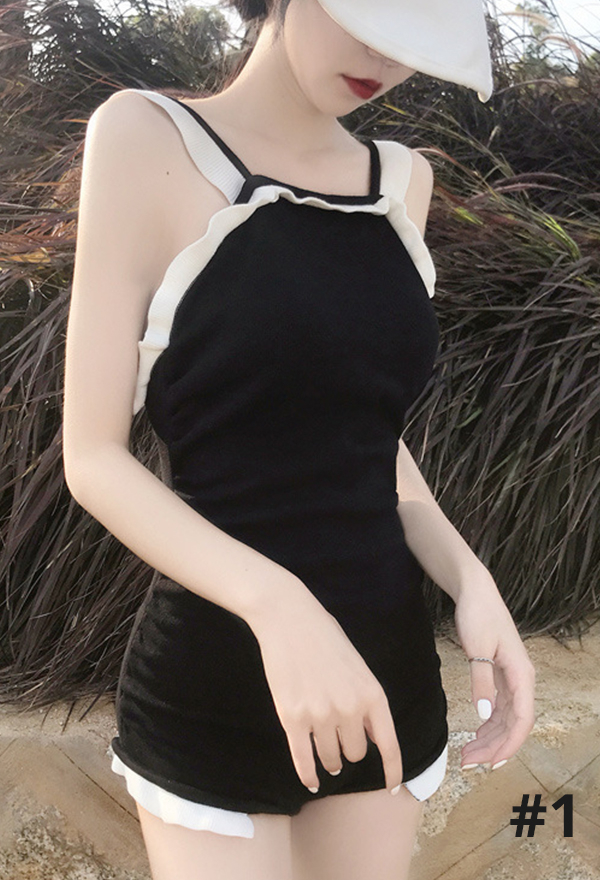 Cute Black Ruffled Sleeveless Back Hollow One Piece Swimsuit with Pads Cute Black Ruffled Sleeveless Back Hollow One Piece Swimsuit with Pads