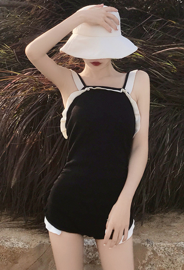 Cute Black Ruffled Sleeveless Back Hollow One Piece Swimsuit with Pads Cute Black Ruffled Sleeveless Back Hollow One Piece Swimsuit with Pads