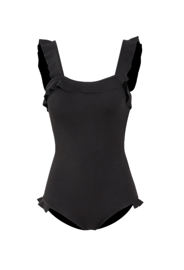 Dive In Gothic Black Square Neck Backless Ruffled One-Piece Bathing Suit Dive In Gothic Black Square Neck Backless Ruffled One-Piece Bathing Suit