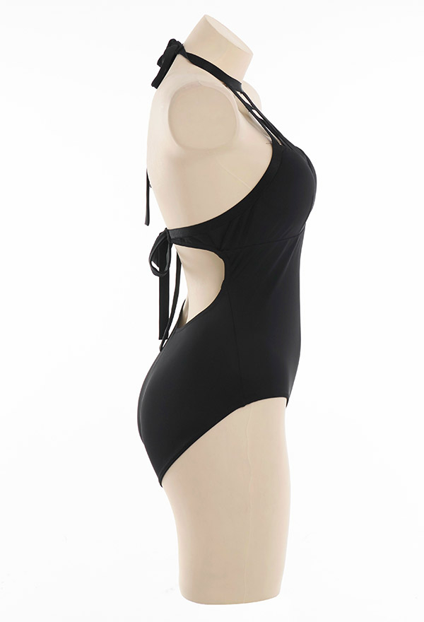Heat Waves Witch Gothic Black Pentagram Neck Halter One-Piece Swimsuit
