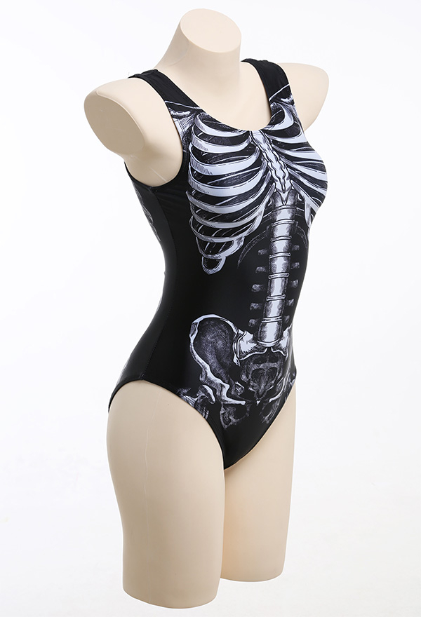 Devil Reign Woman Print Gothic Swimsuit White and Black Skeleton Pattern One-Piece Swimsuit