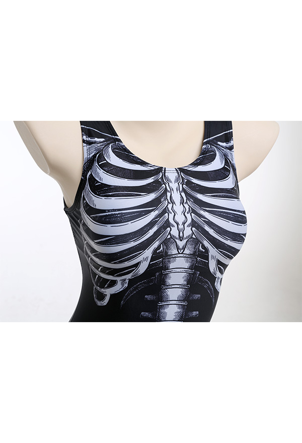 Devil Reign Woman Print Gothic Swimsuit White and Black Skeleton Pattern One-Piece Swimsuit