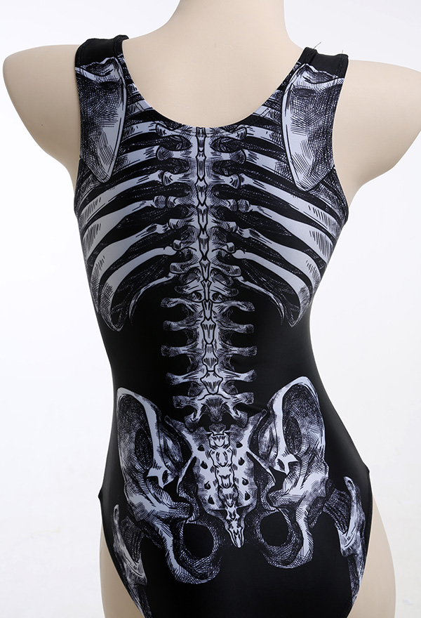 Devil Reign Woman Print Gothic Swimsuit White and Black Skeleton Pattern One-Piece Swimsuit