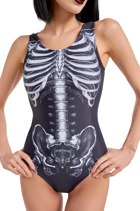 Devil Reign Woman Print Gothic Swimsuit White and Black Skeleton Pattern One-Piece Swimsuit
