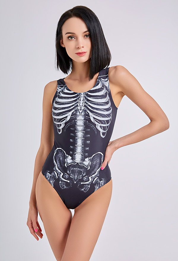 Devil Reign Woman Print Gothic Swimsuit White and Black Skeleton Pattern One-Piece Swimsuit