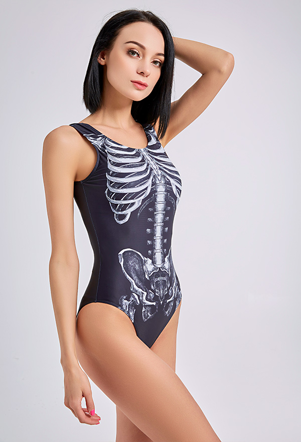 Devil Reign Woman Print Gothic Swimsuit White and Black Skeleton Pattern One-Piece Swimsuit