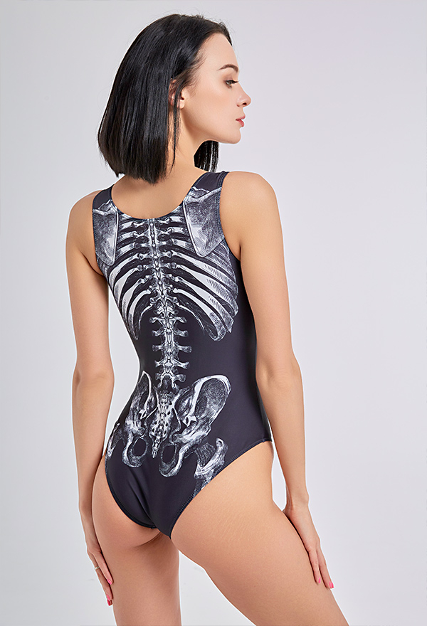 Devil Reign Woman Print Gothic Swimsuit White and Black Skeleton Pattern One-Piece Swimsuit