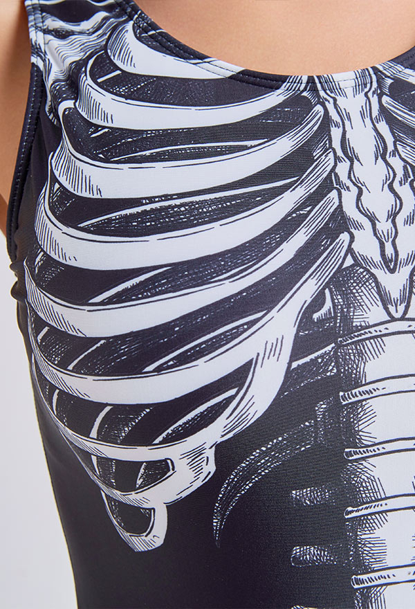 Devil Reign Woman Print Gothic Swimsuit White and Black Skeleton Pattern One-Piece Swimsuit