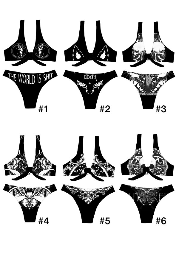 Summer Reign Gothic Black Tie Knot Front Evil Floral Print Bikini Set Summer Reign Gothic Black Tie Knot Front Evil Floral Print Bikini Set