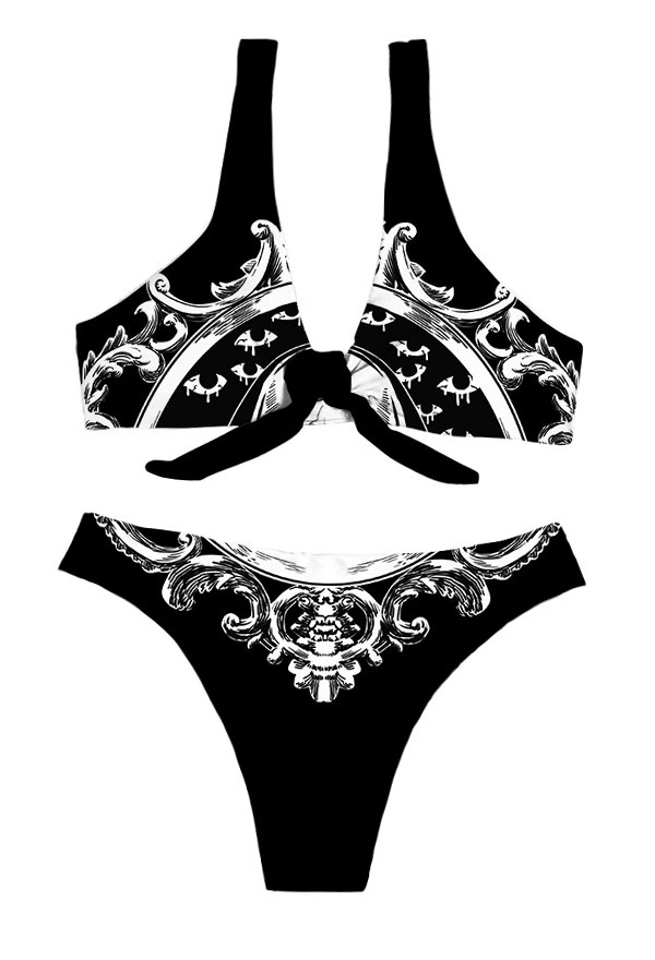 Summer Reign Gothic Black Tie Knot Front Evil Floral Print Bikini Set Summer Reign Gothic Black Tie Knot Front Evil Floral Print Bikini Set