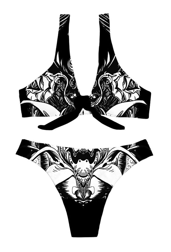 Summer Reign Gothic Black Tie Knot Front Evil Floral Print Bikini Set Summer Reign Gothic Black Tie Knot Front Evil Floral Print Bikini Set