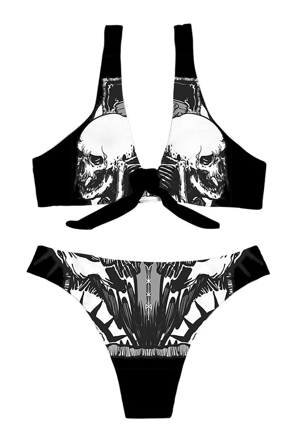 Summer Reign Gothic Black Tie Knot Front Evil Floral Print Bikini Set Summer Reign Gothic Black Tie Knot Front Evil Floral Print Bikini Set