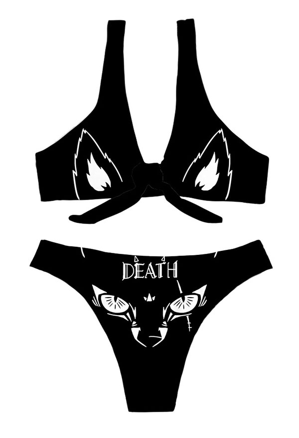 Summer Reign Gothic Black Tie Knot Front Evil Floral Print Bikini Set Summer Reign Gothic Black Tie Knot Front Evil Floral Print Bikini Set