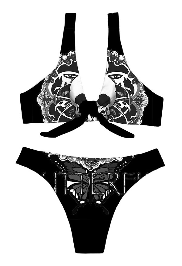 Summer Reign Gothic Black Tie Knot Front Evil Floral Print Bikini Set Summer Reign Gothic Black Tie Knot Front Evil Floral Print Bikini Set